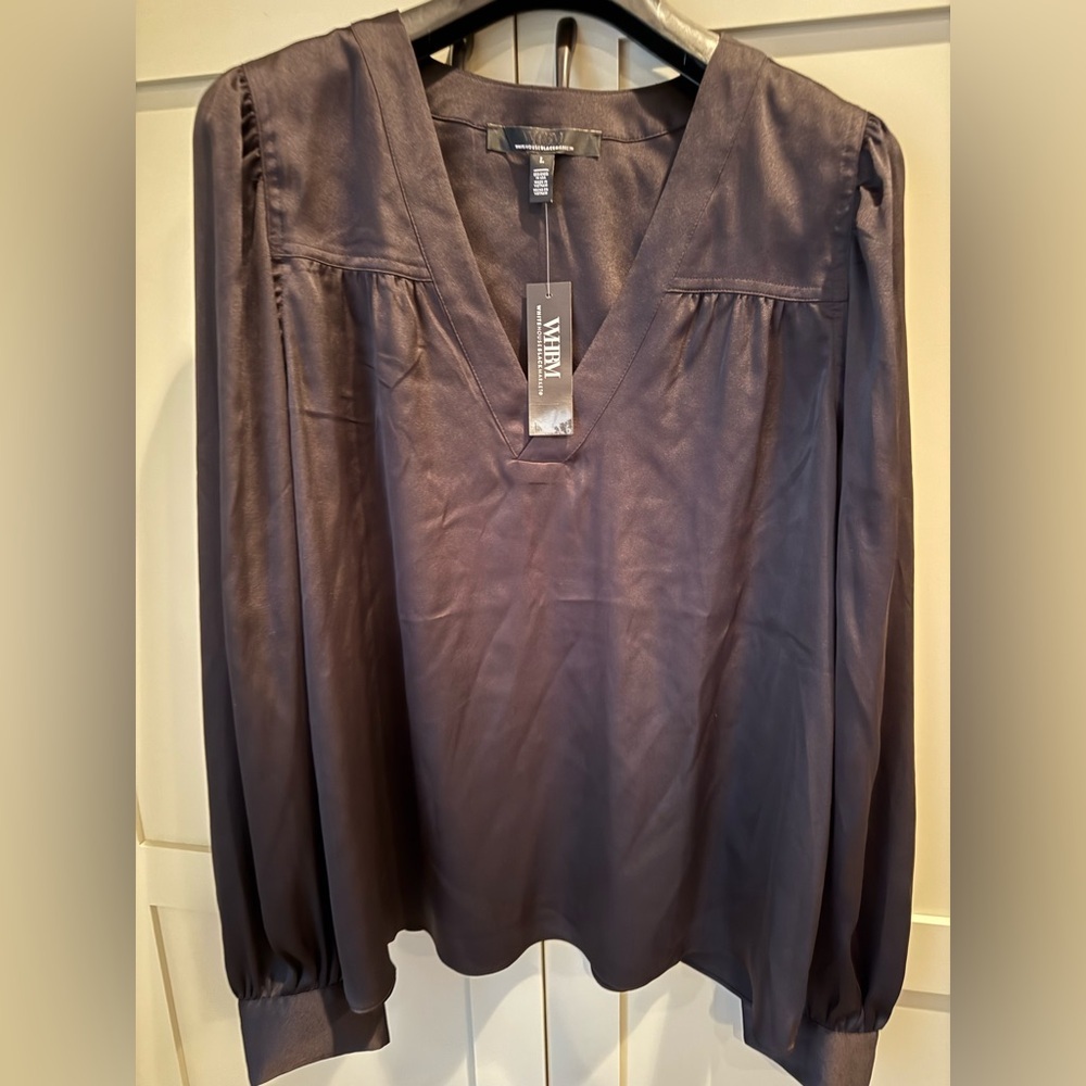 White House Black Market Deep Plum V-Neck Satin Blouse
